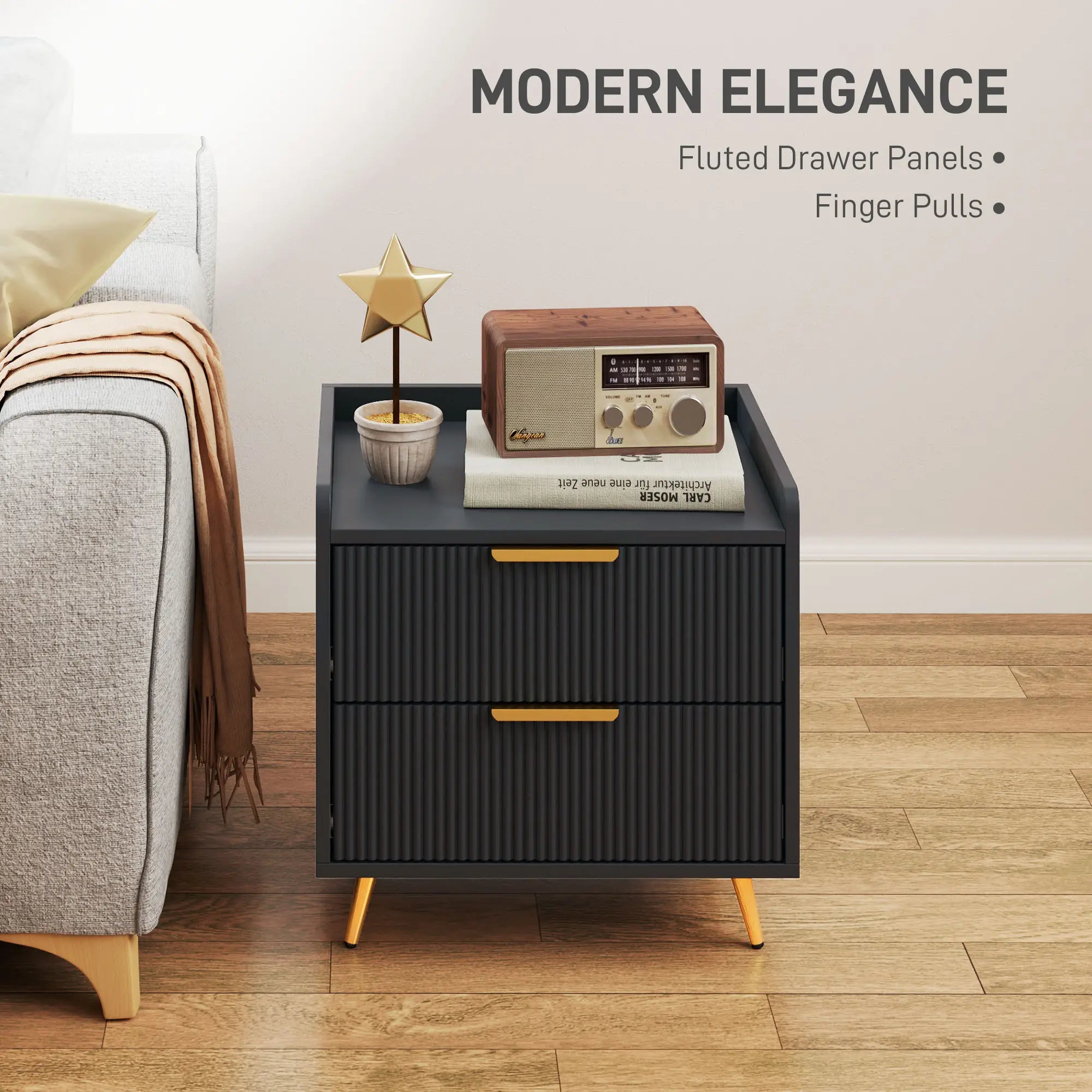Black Bedside Table, Nightstand with 2 Drawers, Metal Legs, Black Bedside Tables at Gallery Canada