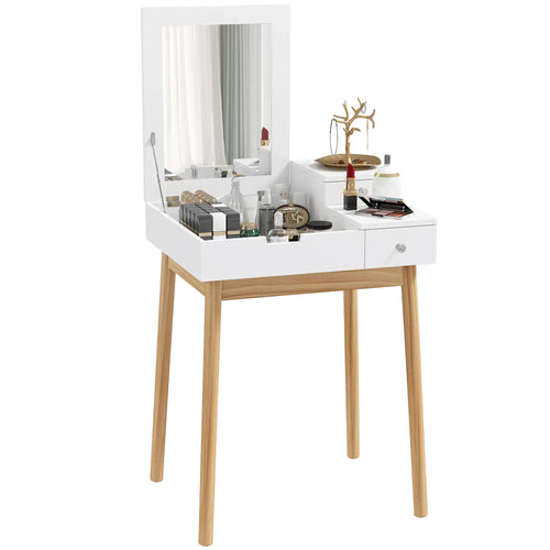 Modern Makeup Vanity Table, Flip-Up Mirror, 2 Drawers, White