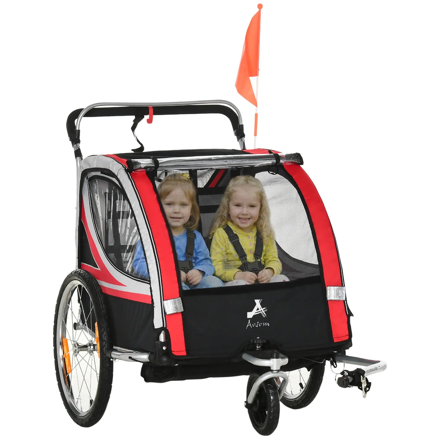 2 Seat Bike Trailer, Double Jogging Stroller, Handbrake, Red Kids Bike Trailers Red, Grey, Black, Silver at Gallery Canada