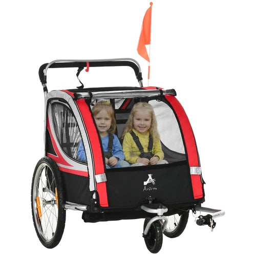 2 Seat Bike Trailer, Double Jogging Stroller, Handbrake, Red