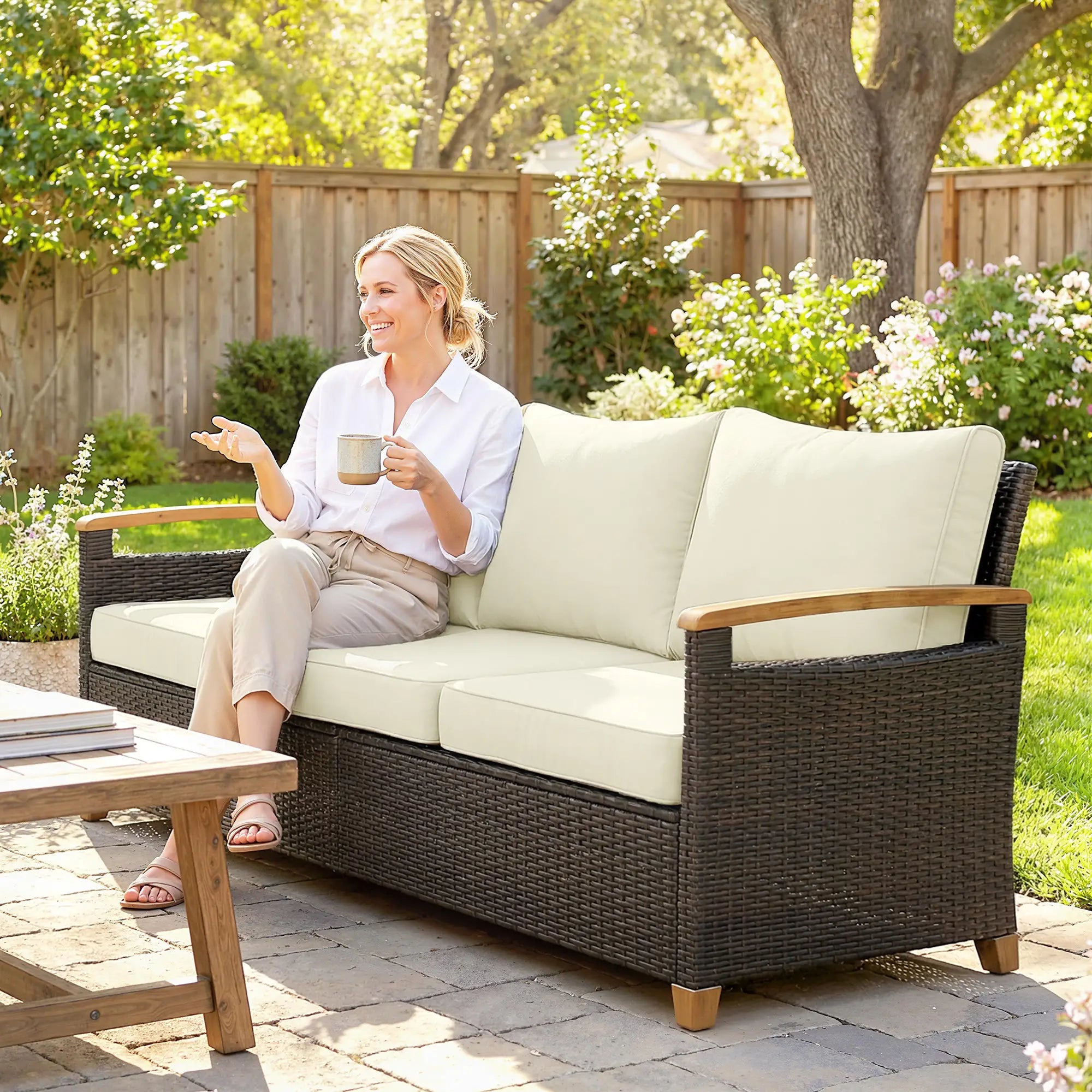 3 Seater Outdoor Sofa, PE Wicker Patio Furniture, 4