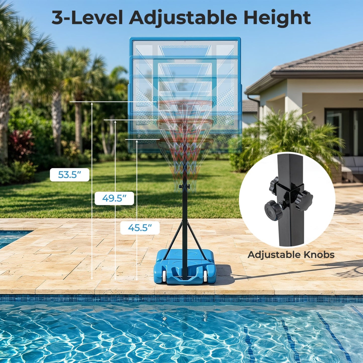 Pool Basketball Hoop, 3-Level Adjustable, Blue