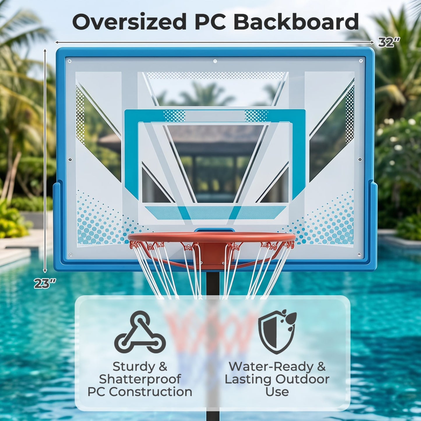 Pool Basketball Hoop, 3-Level Adjustable, Blue