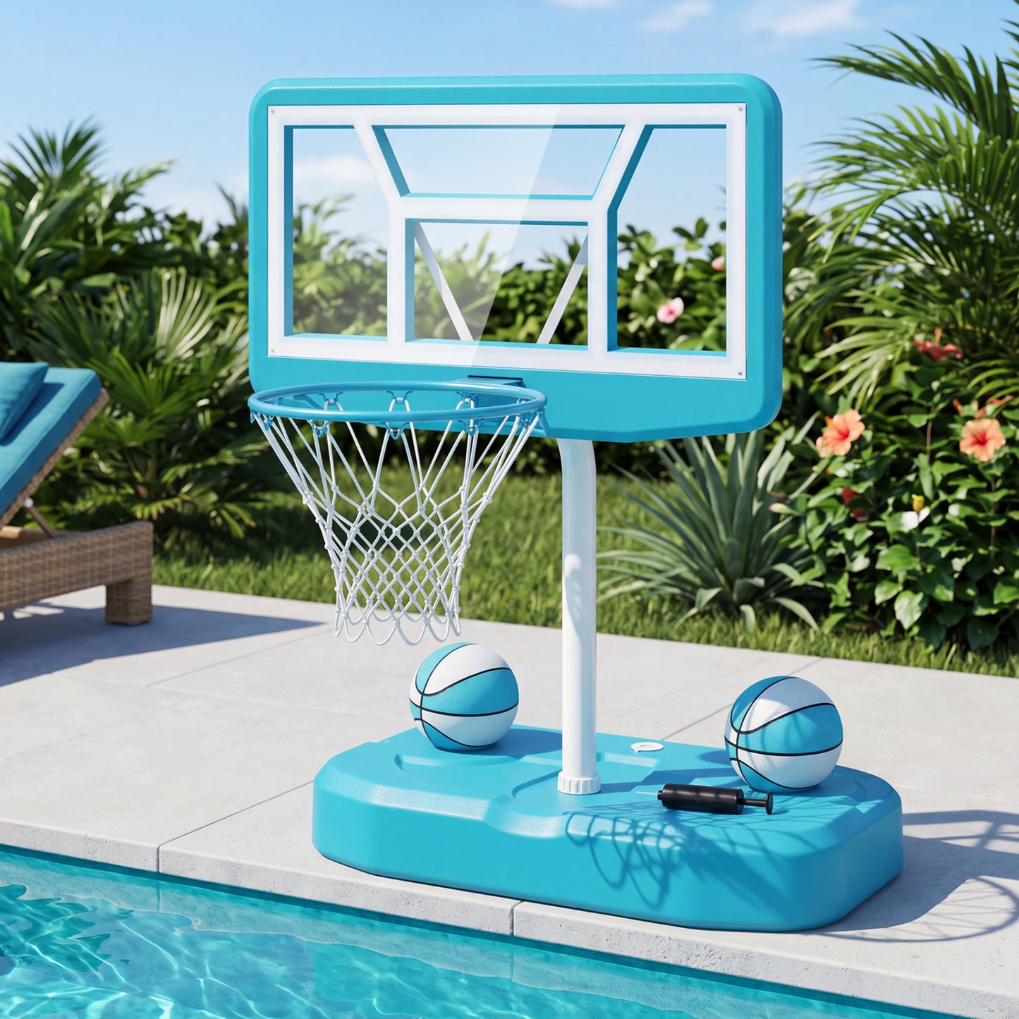 Ensemble de panier de basket pour piscine, 2 ballons, pompe, bleu clair