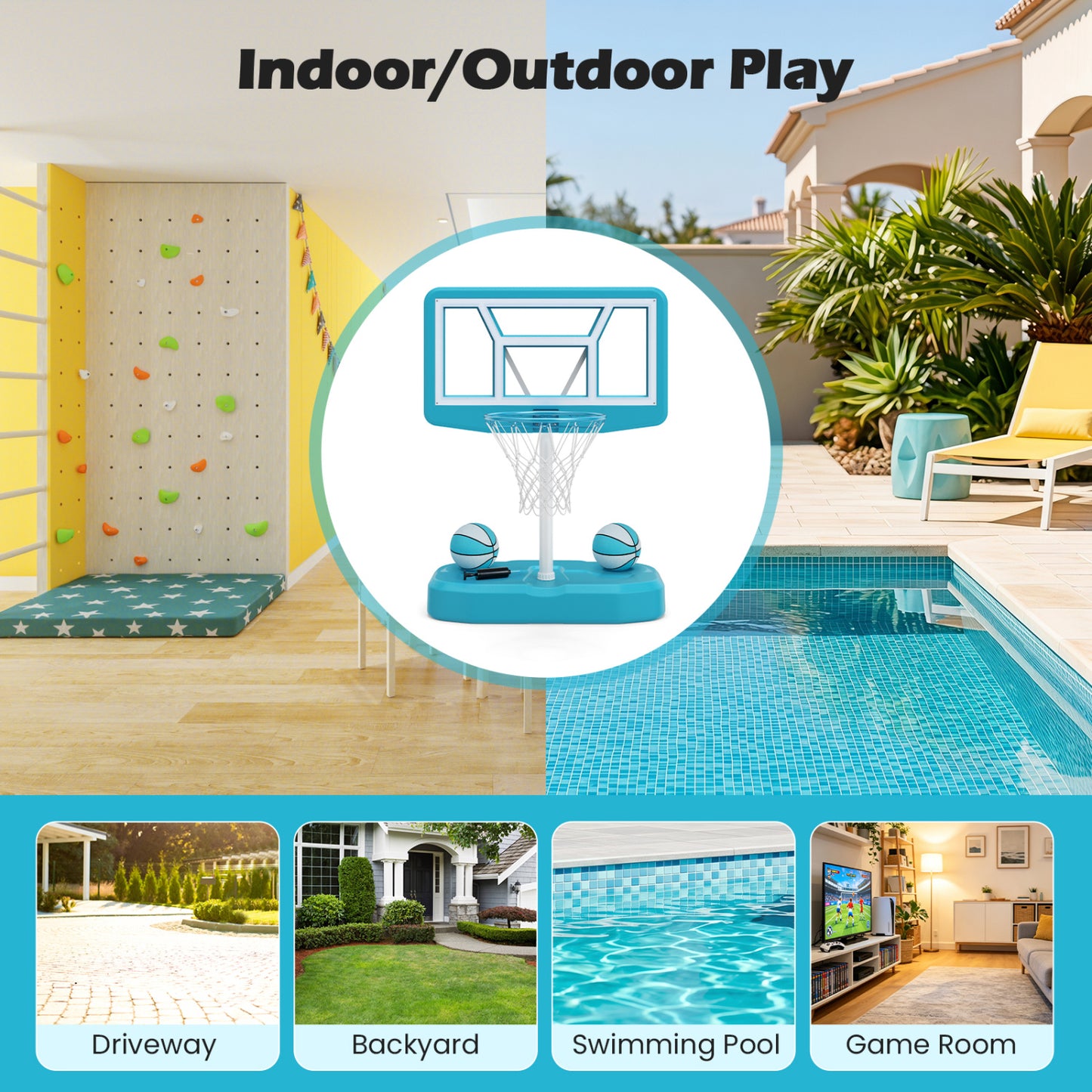 Ensemble de panier de basket pour piscine, 2 ballons, pompe, bleu clair