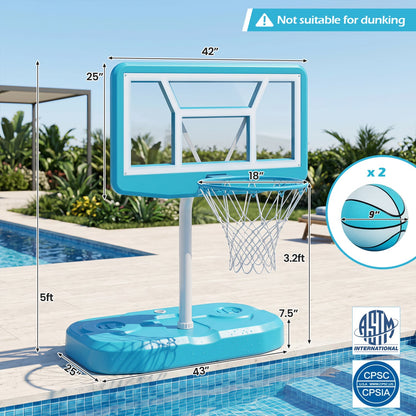 Ensemble de panier de basket pour piscine, 2 ballons, pompe, bleu clair