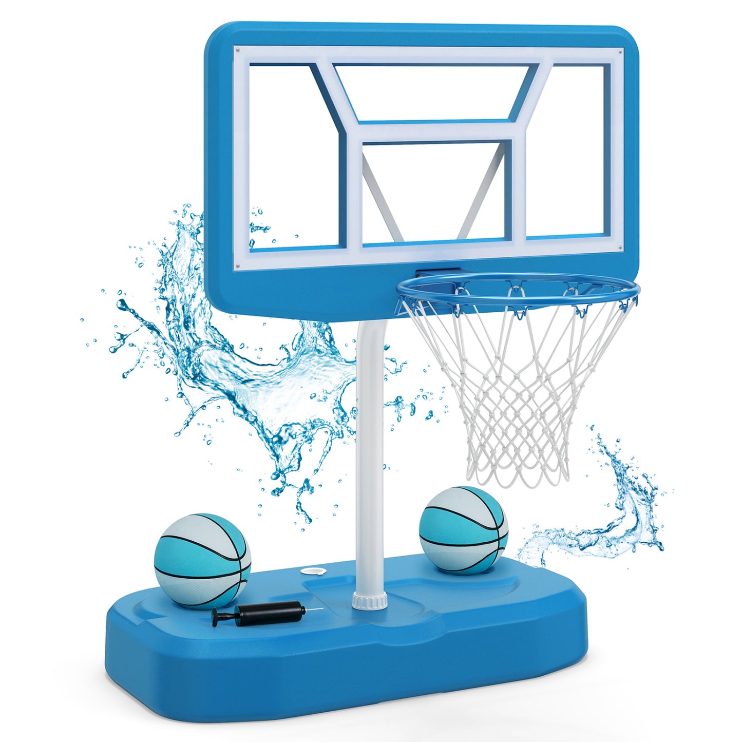 Ensemble de panier de basket pour piscine avec 2 ballons et pompe, bleu