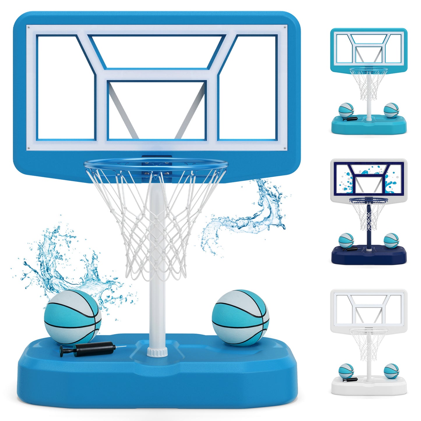 Ensemble de panier de basket pour piscine avec 2 ballons et pompe, bleu