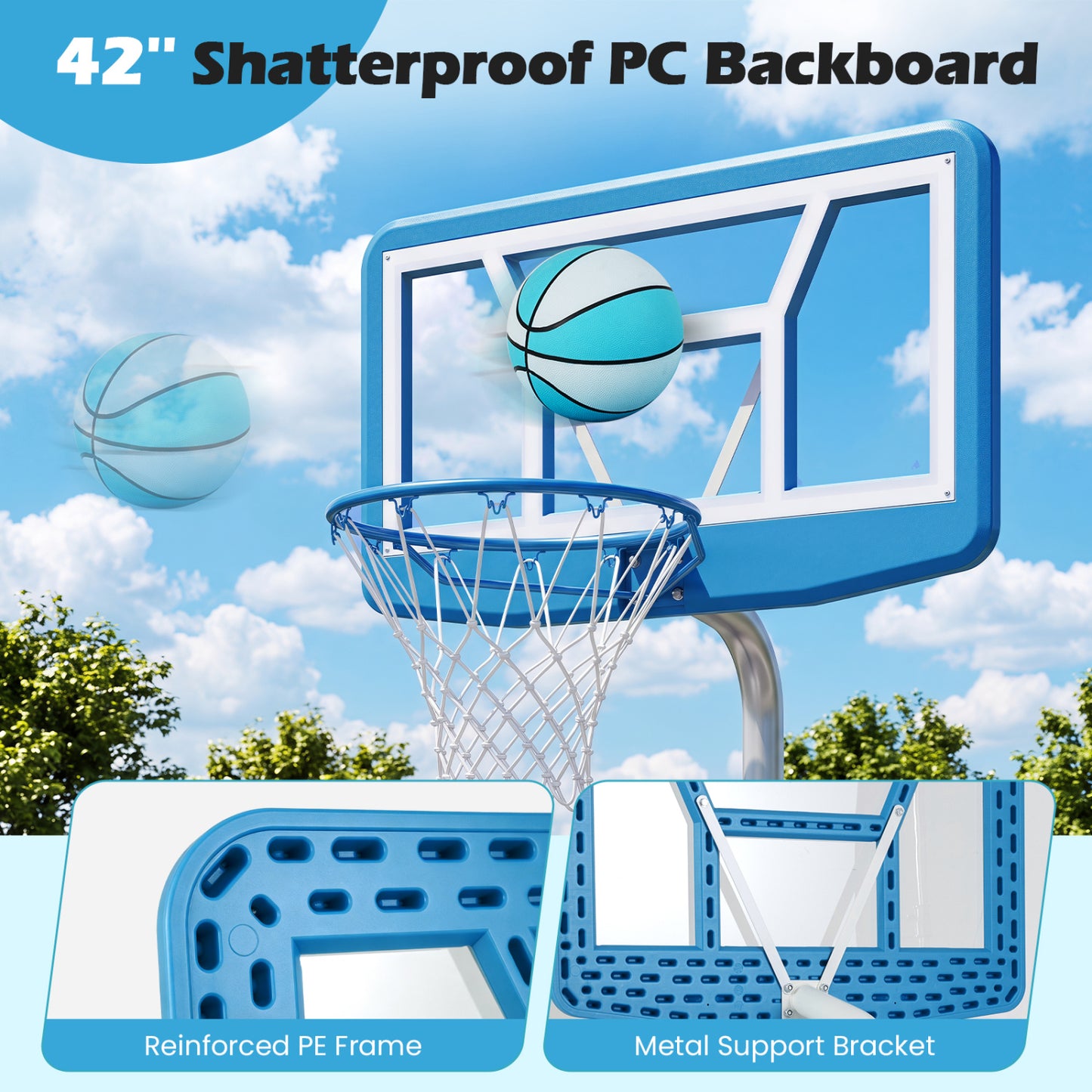 Ensemble de panier de basket pour piscine avec 2 ballons et pompe, bleu