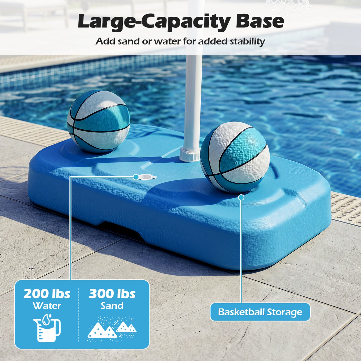 Ensemble de panier de basket pour piscine avec 2 ballons et pompe, bleu