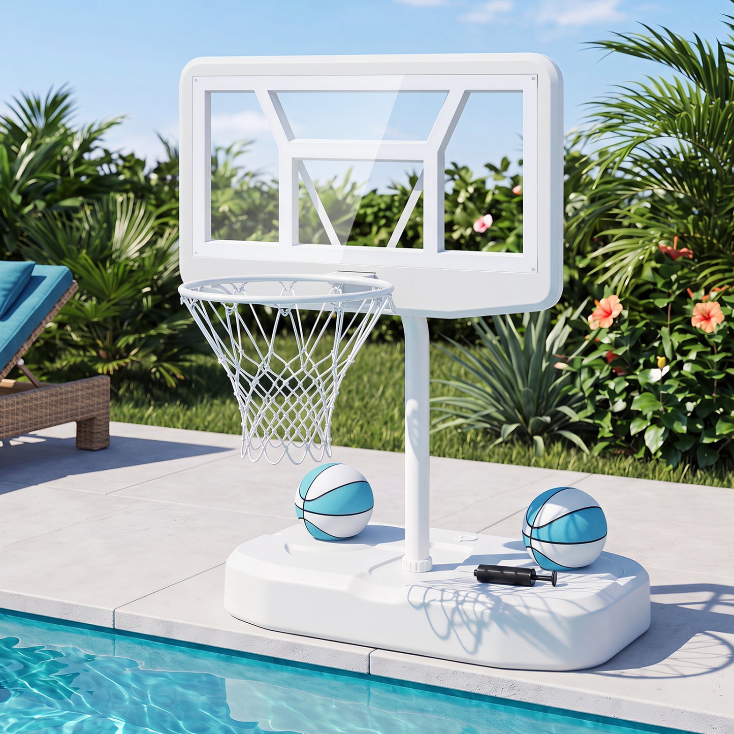 Ensemble de panier de basket pour piscine, blanc, 2 ballons et pompe