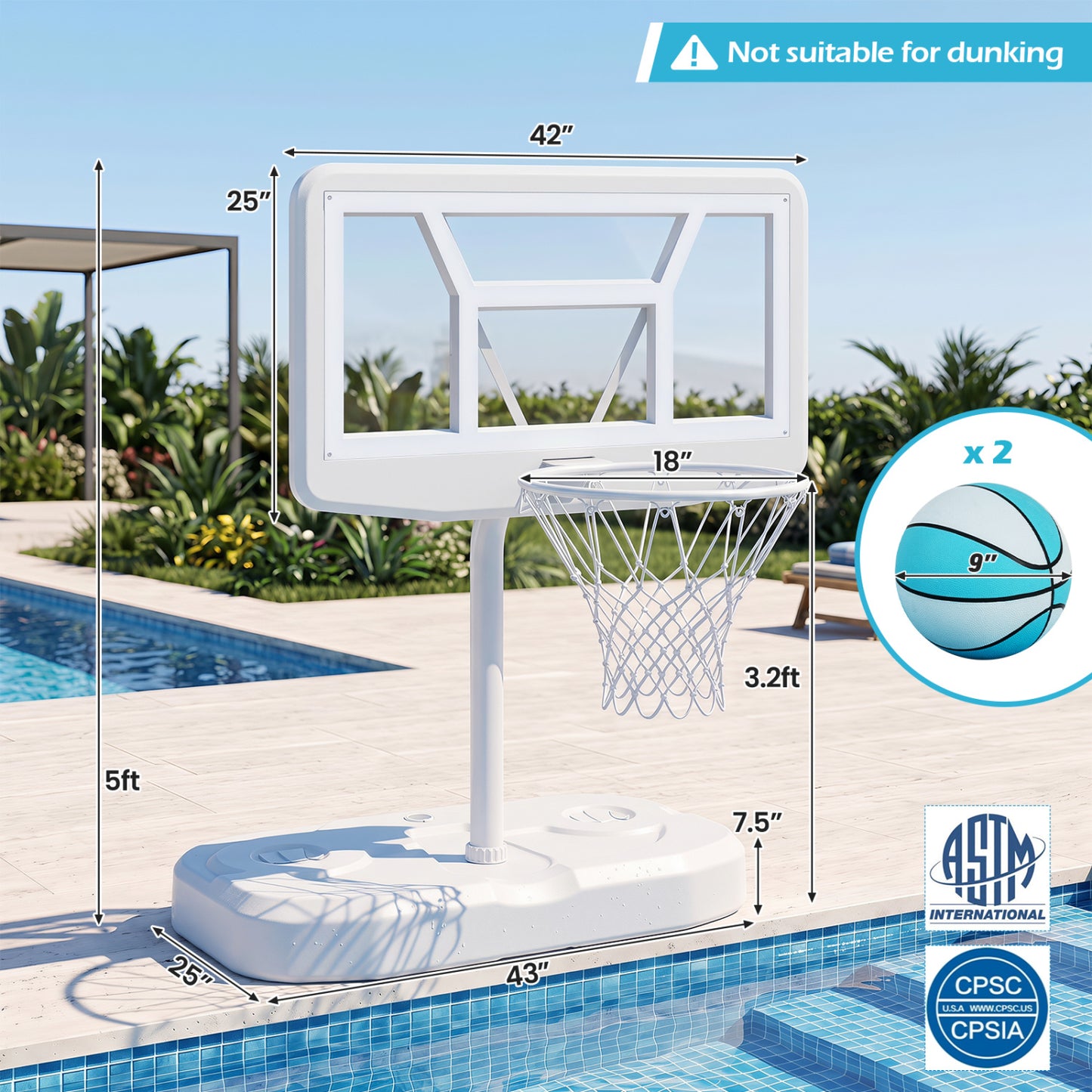 Ensemble de panier de basket pour piscine, blanc, 2 ballons et pompe