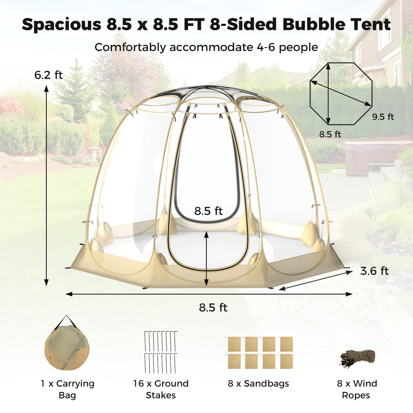 Pop Up Bubble Tent 630° Transparent PVC Igloo 8.5 x 8.5 FT Instant Setup Screen House for 5-6 People, Beige Tents at Gallery Canada