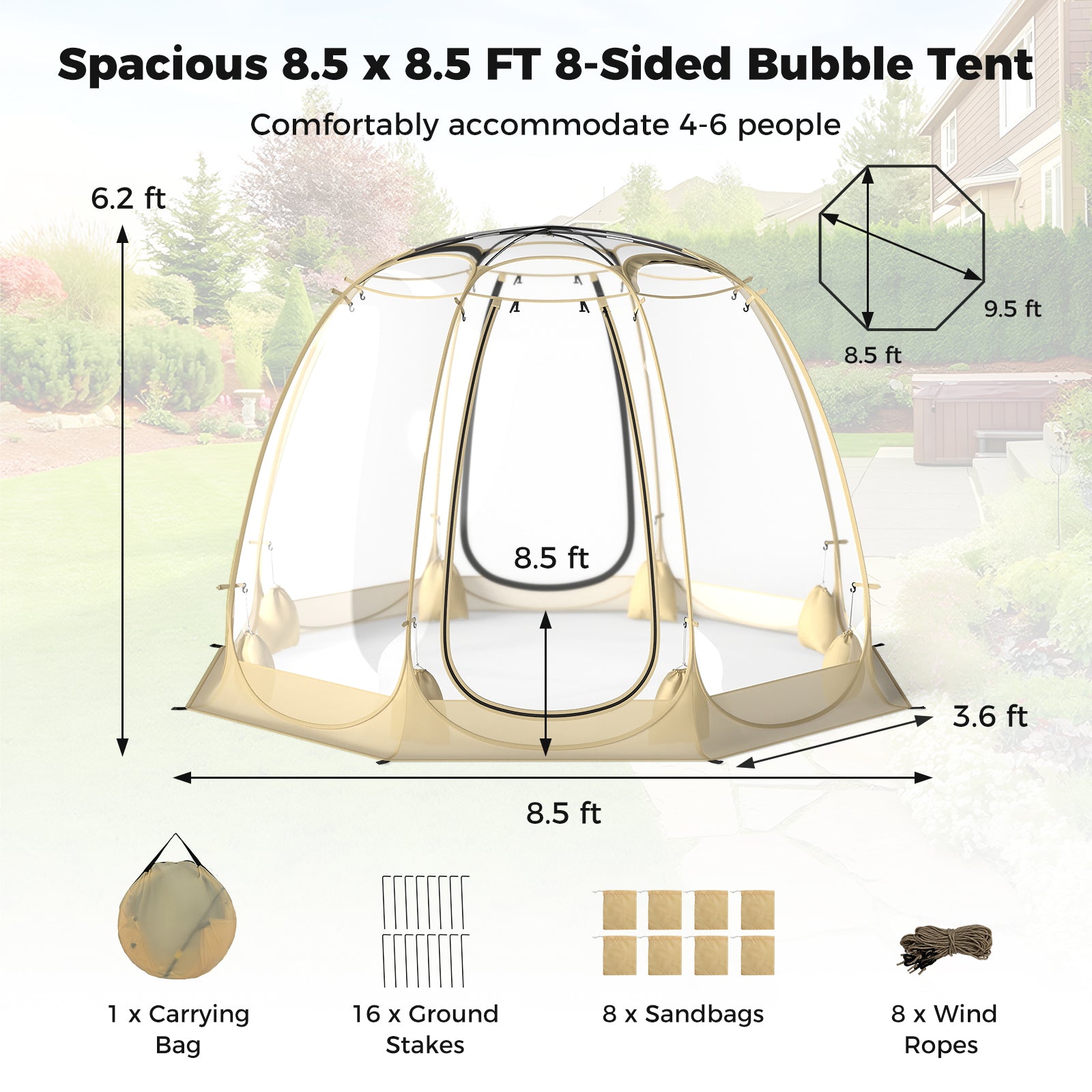 Pop Up Bubble Tent 630° Transparent PVC Igloo 8.5 x 8.5 FT Instant Setup Screen House for 5-6 People, Beige Tents at Gallery Canada
