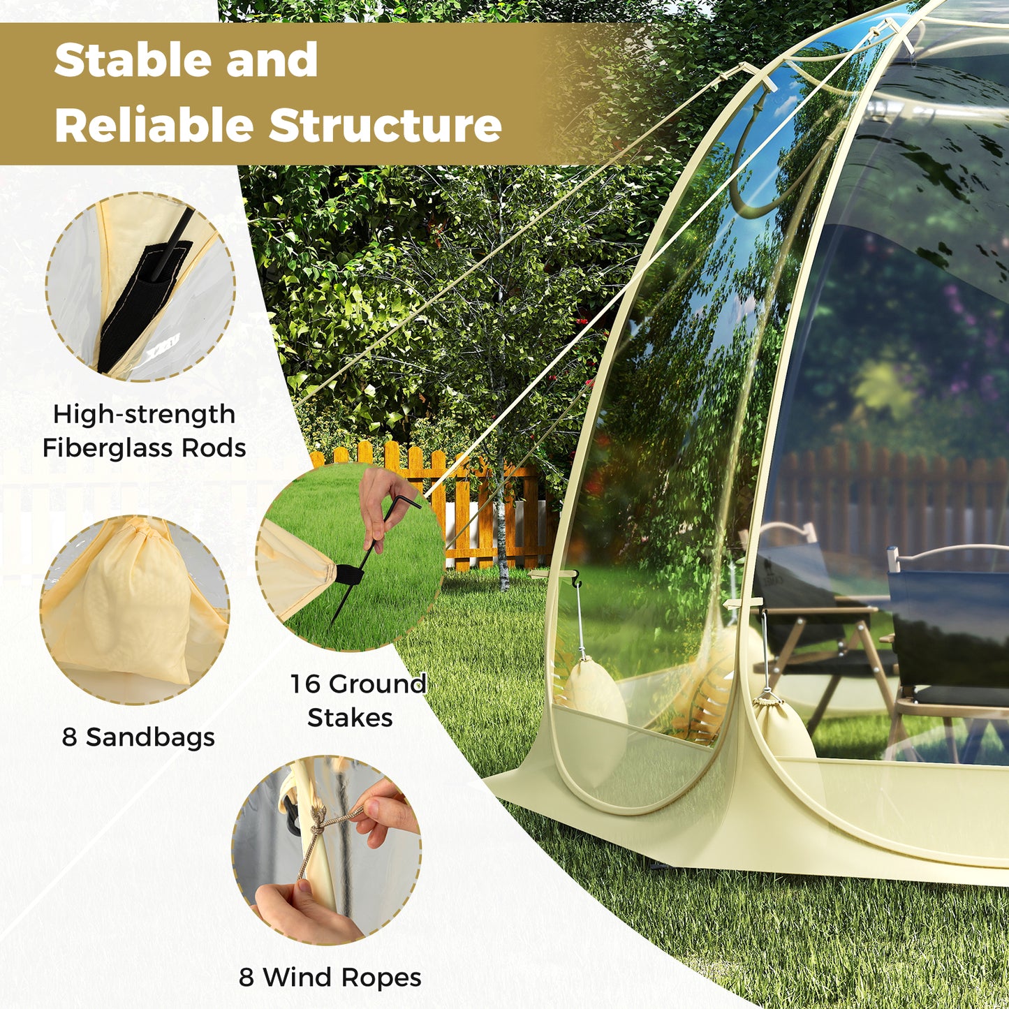 Pop Up Bubble Tent 630° Transparent PVC Igloo 8.5 x 8.5 FT Instant Setup Screen House for 5-6 People, Beige Tents at Gallery Canada