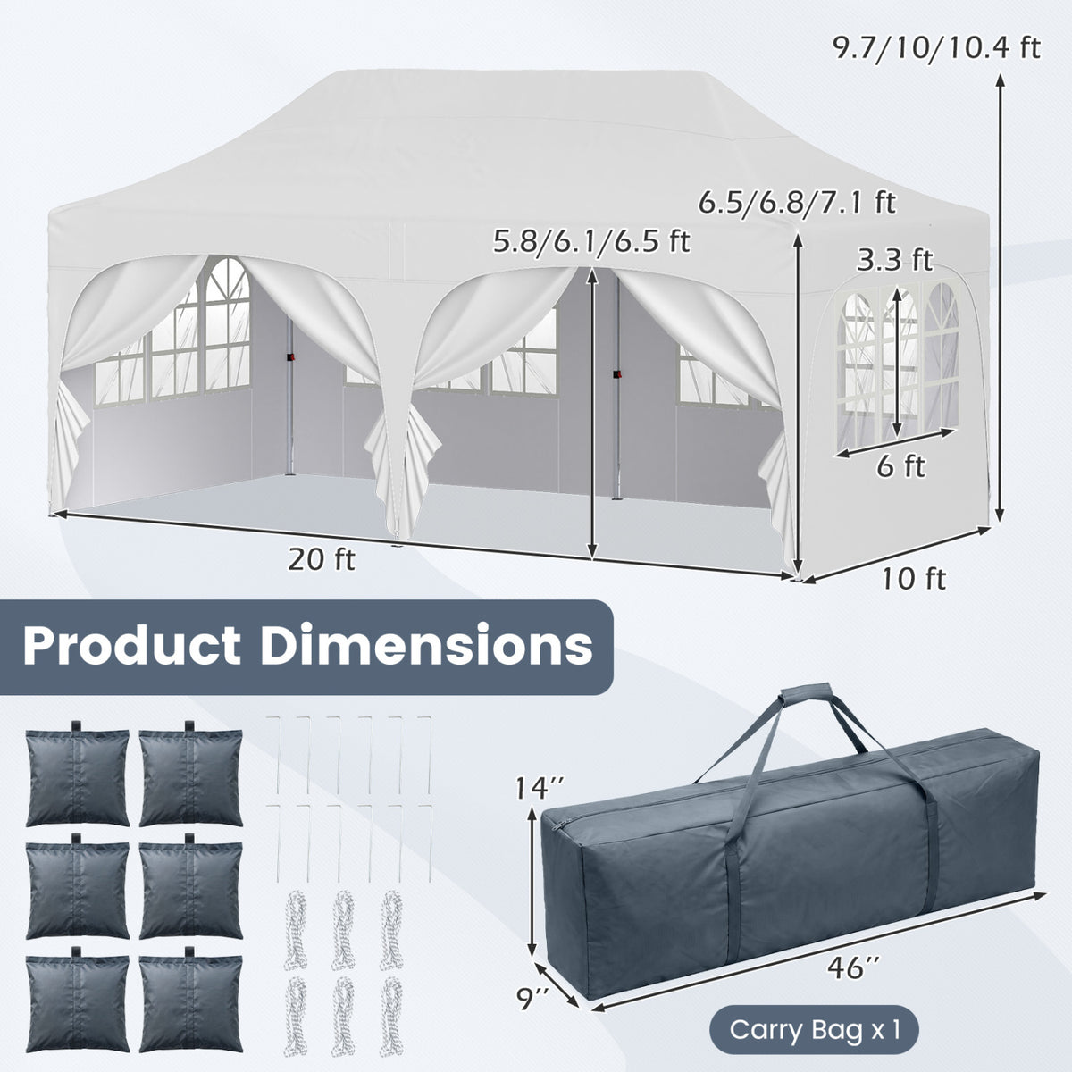 Pop Up Canopy Tent, 6 Removable Sidewalls, Patio, White