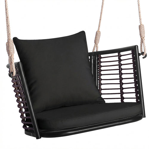 Hanging Rattan Porch Swing Chair With Cushions, Black