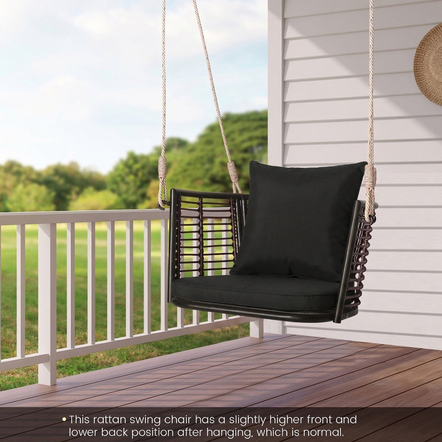 Hanging Rattan Porch Swing Chair With Cushions, Black