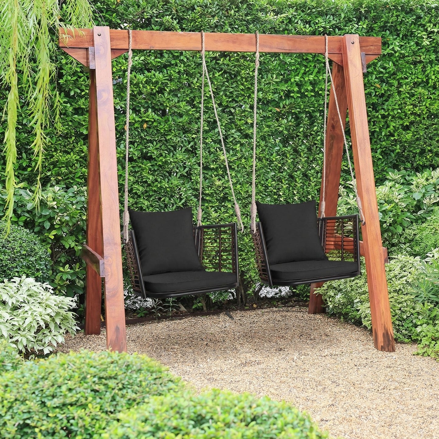 Hanging Rattan Porch Swing Chair With Cushions, Black