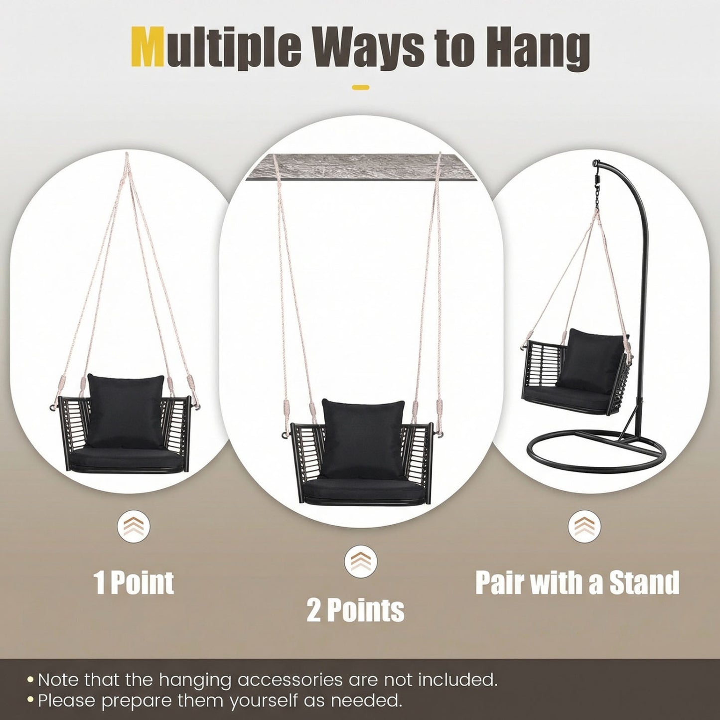 Hanging Rattan Porch Swing Chair With Cushions, Black