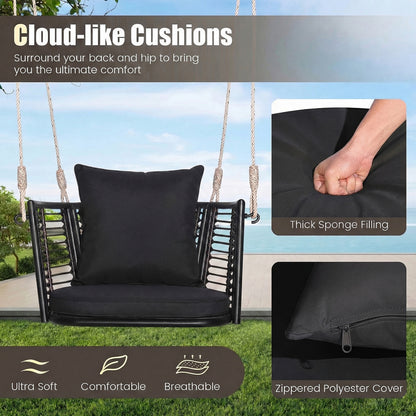 Hanging Rattan Porch Swing Chair With Cushions, Black