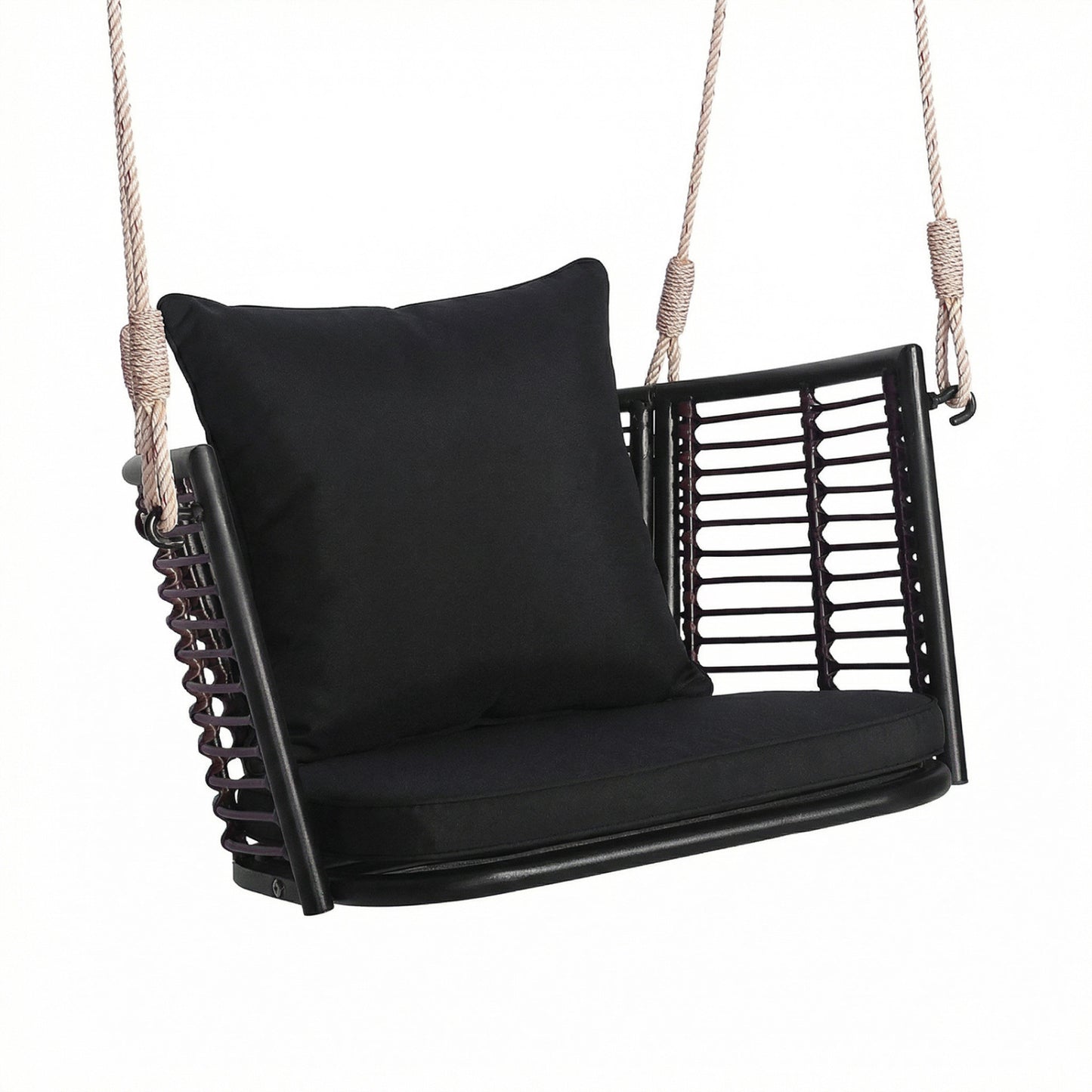 Hanging Rattan Porch Swing Chair With Cushions, Black