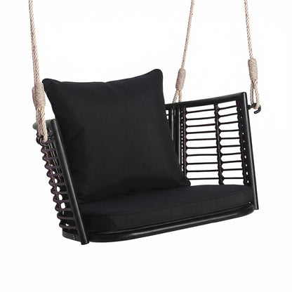 Hanging Rattan Porch Swing Chair With Cushions, Black