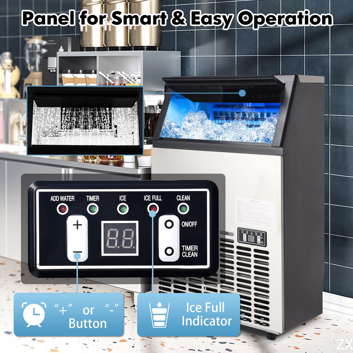 Machine à glaçons commerciale portative intégrée en acier inoxydable, noire