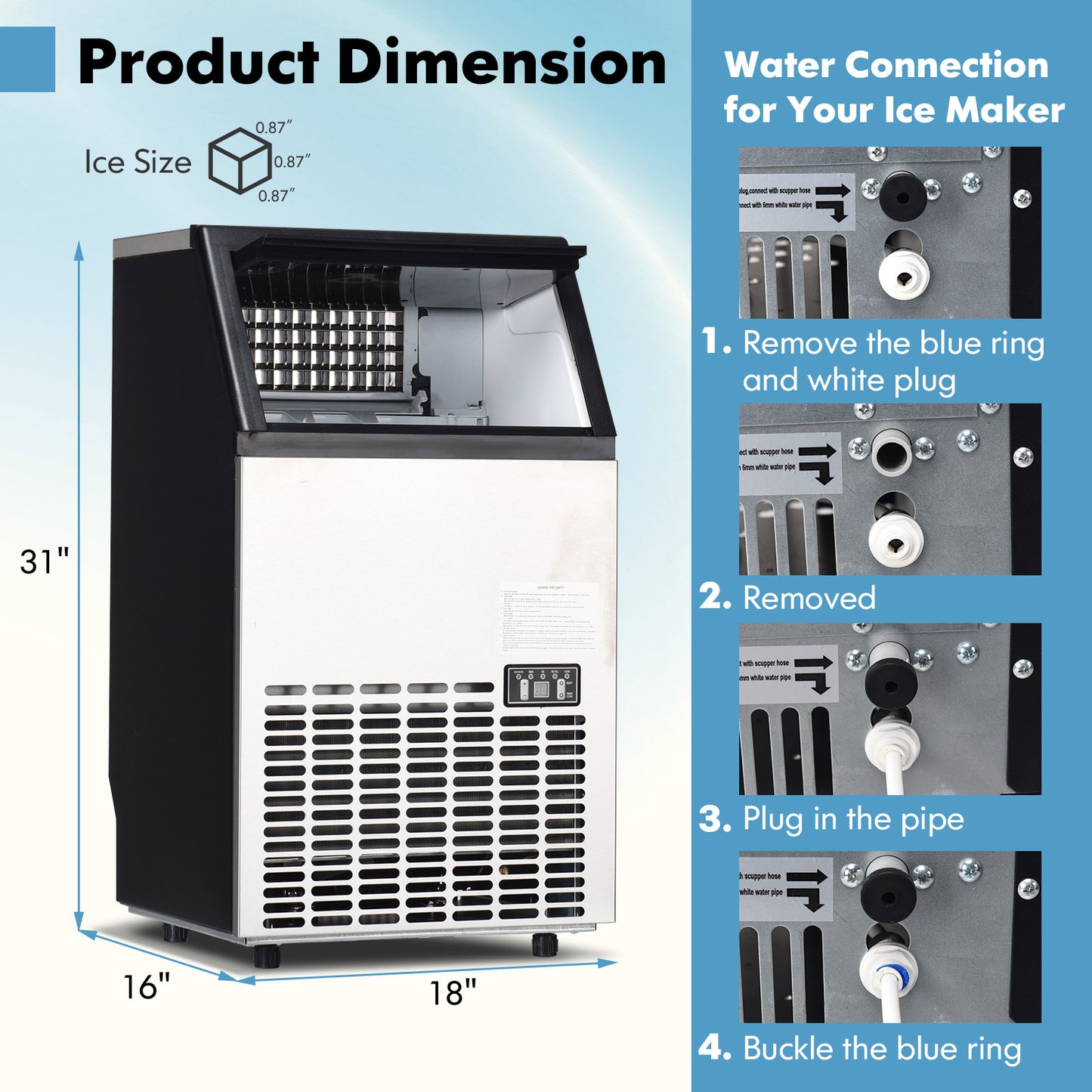 Machine à glaçons commerciale portative intégrée en acier inoxydable, noire