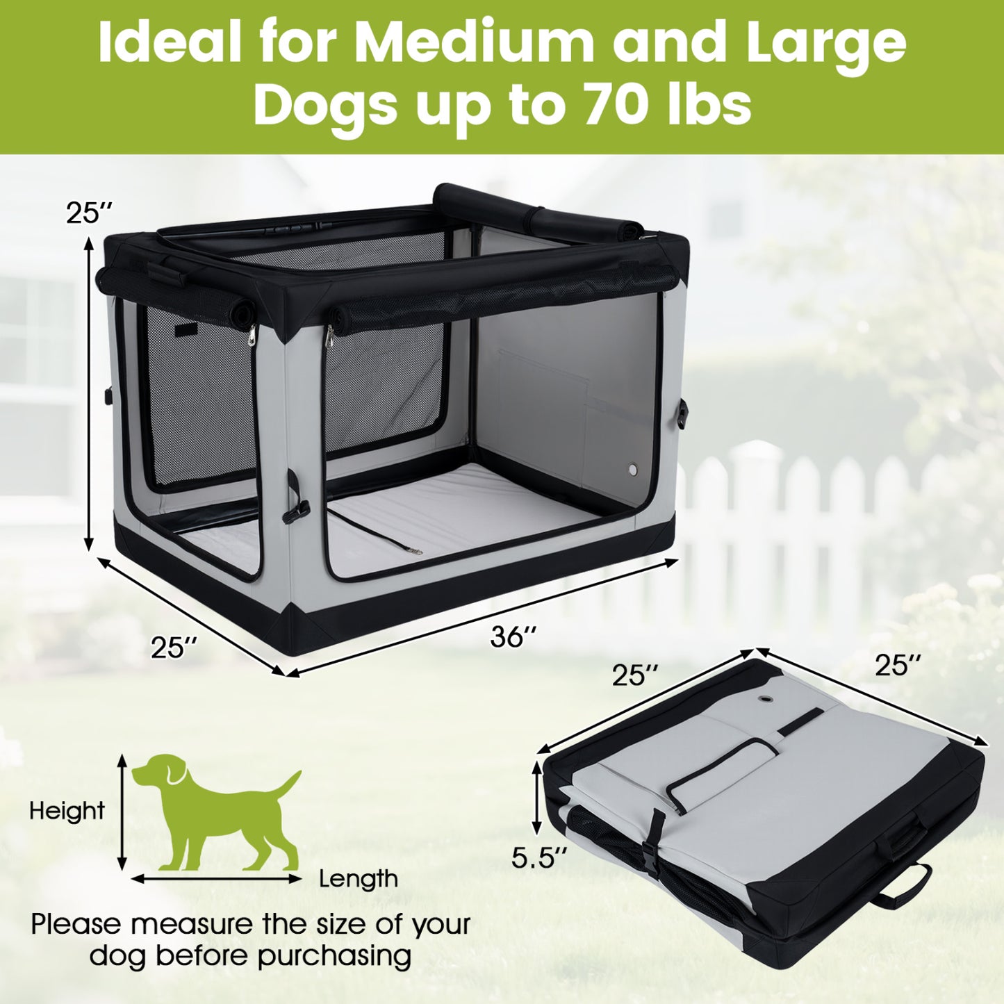 Collapsible Soft Dog Crate, 4 Mesh Doors, Removable Mat, L