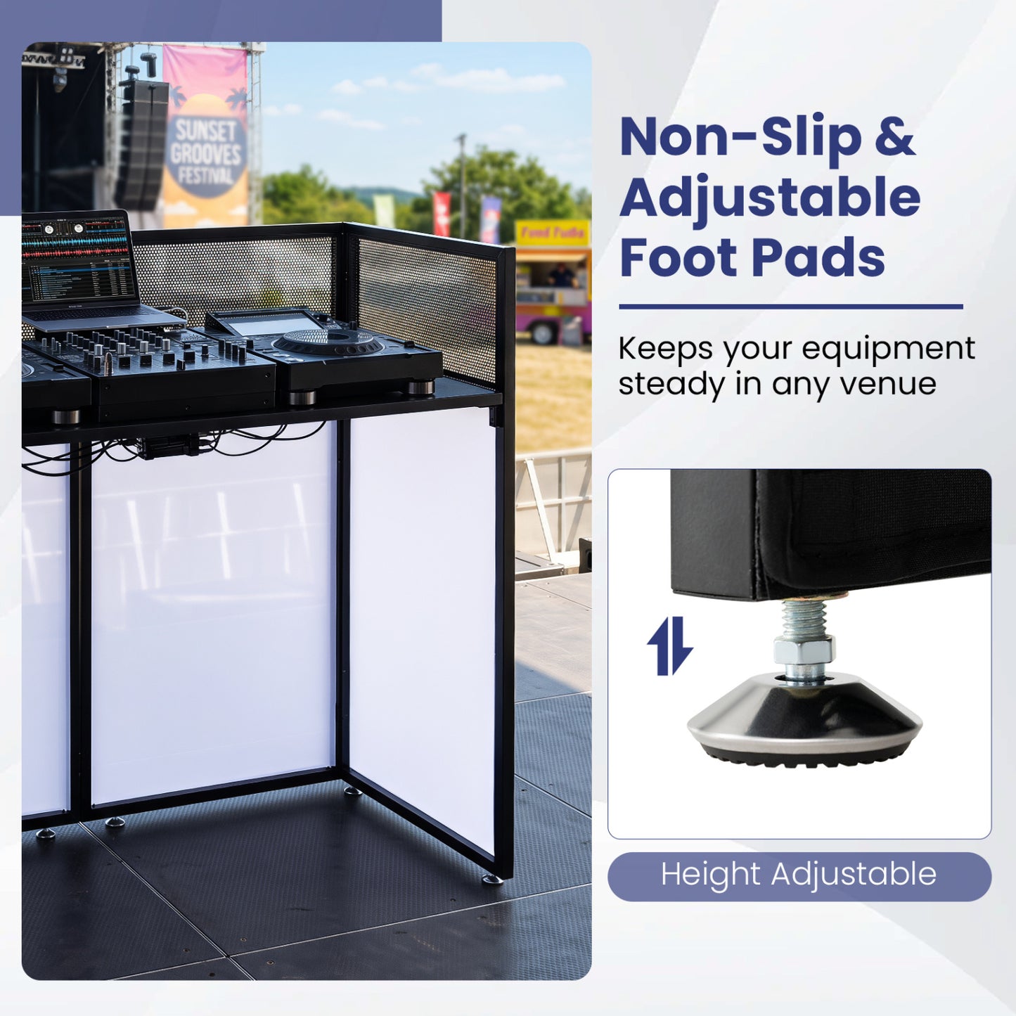 Portable DJ Booth with Adjustable Feet, Black