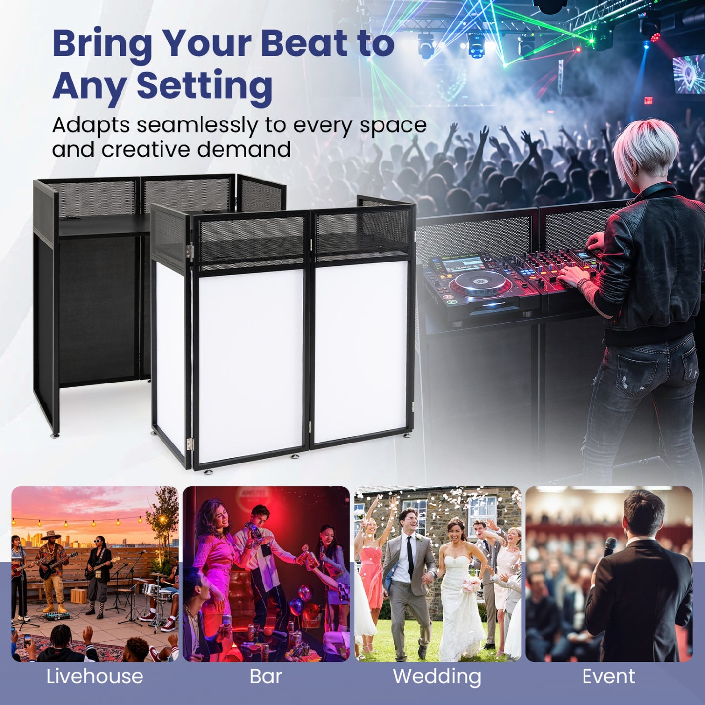 Portable DJ Booth with Adjustable Feet, Black