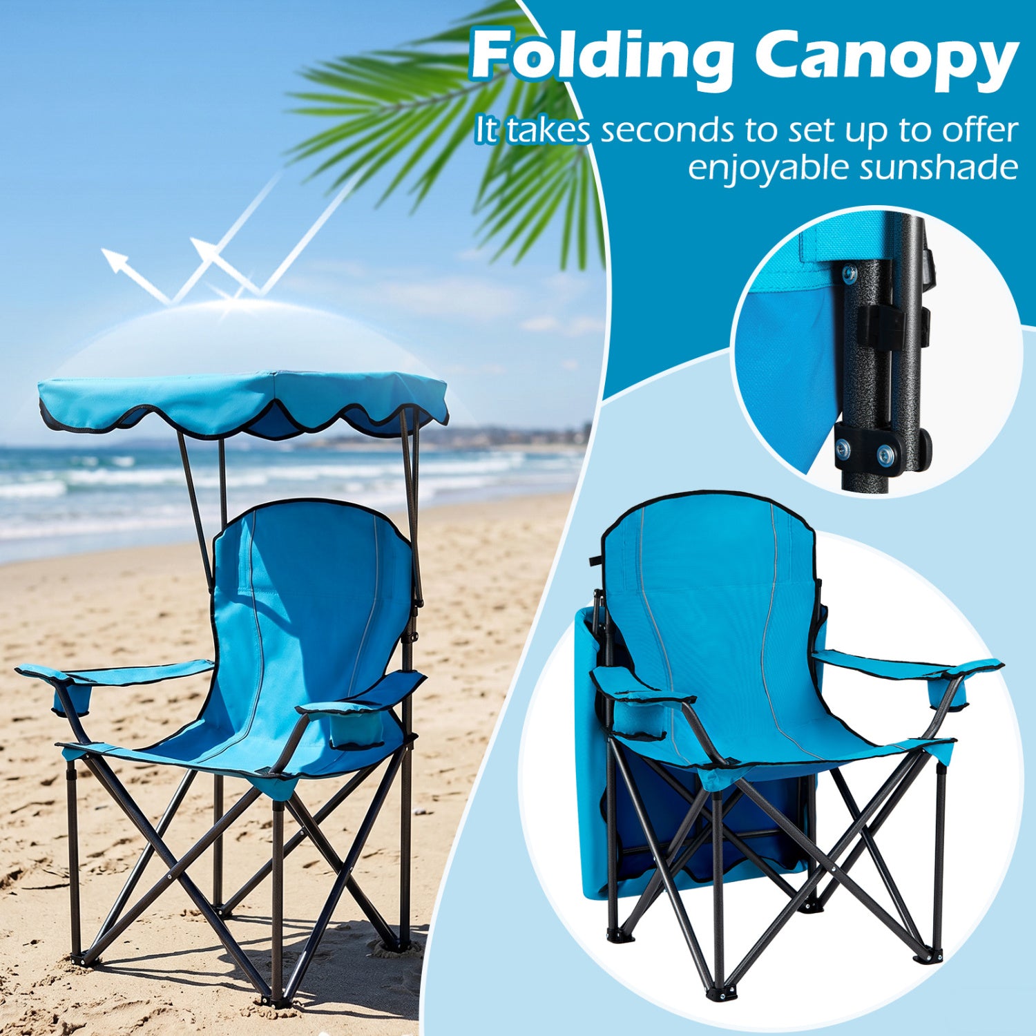 Portable Folding Beach Canopy Chair, With Cup Holders, Light Blue Camping Furniture at Gallery Canada