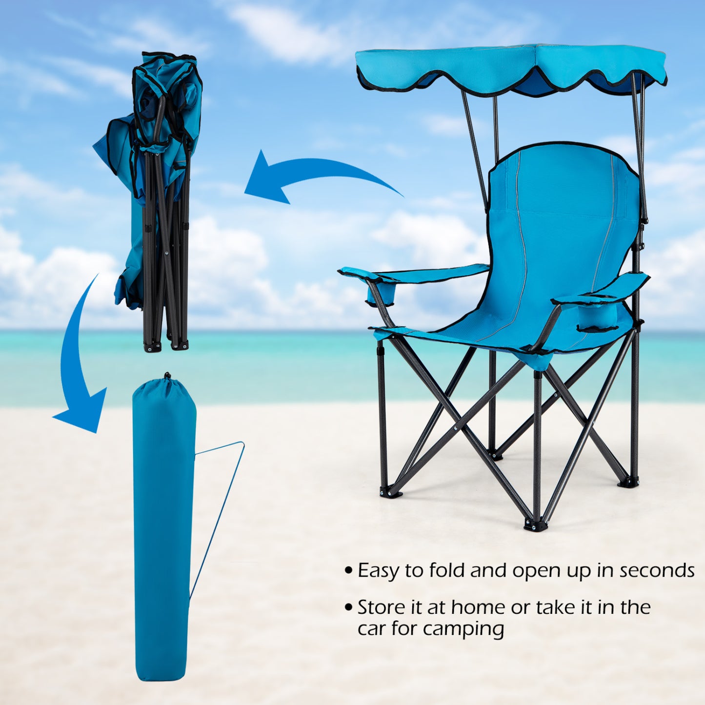 Portable Folding Beach Canopy Chair, With Cup Holders, Light Blue Camping Furniture at Gallery Canada