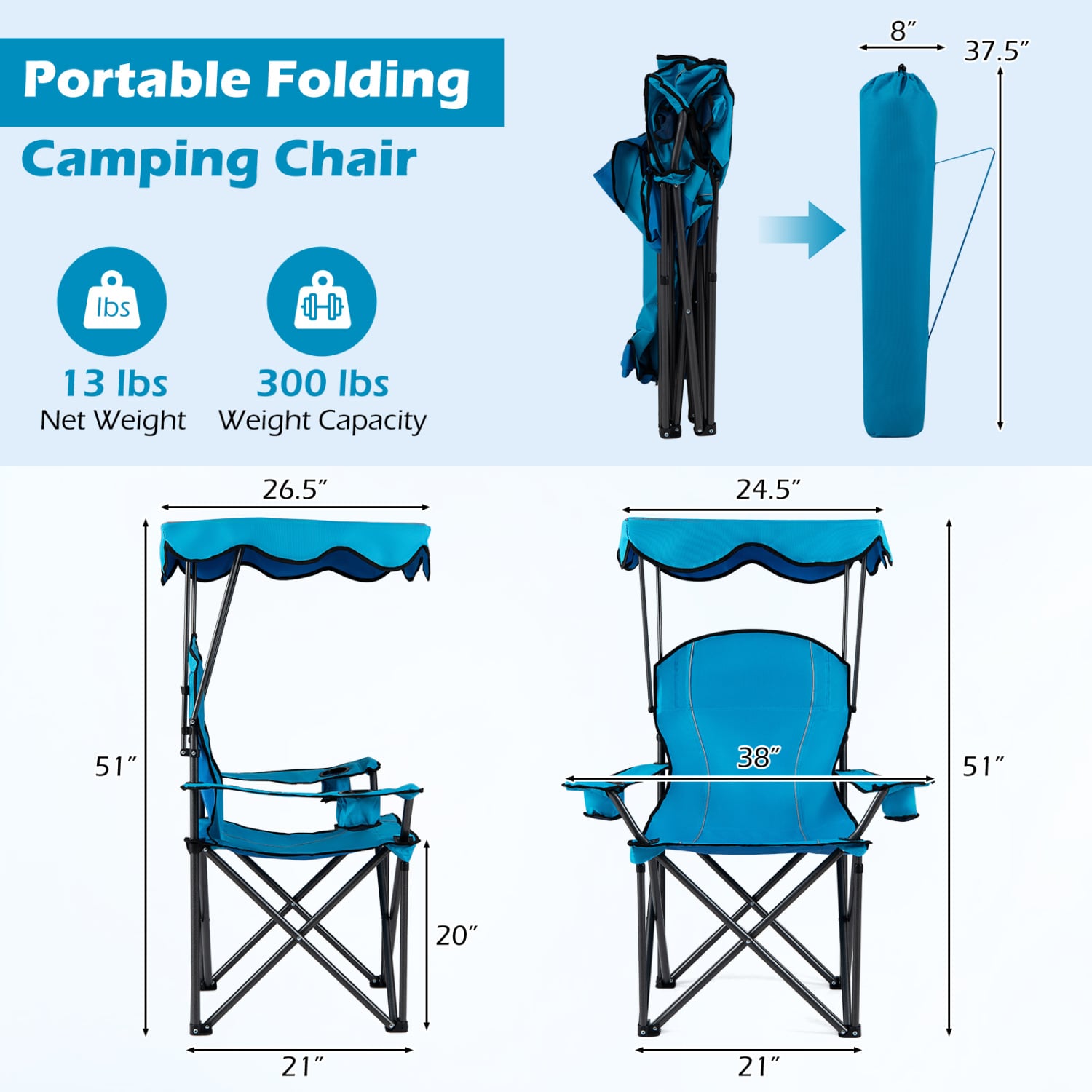 Portable Folding Beach Canopy Chair, With Cup Holders, Light Blue Camping Furniture at Gallery Canada