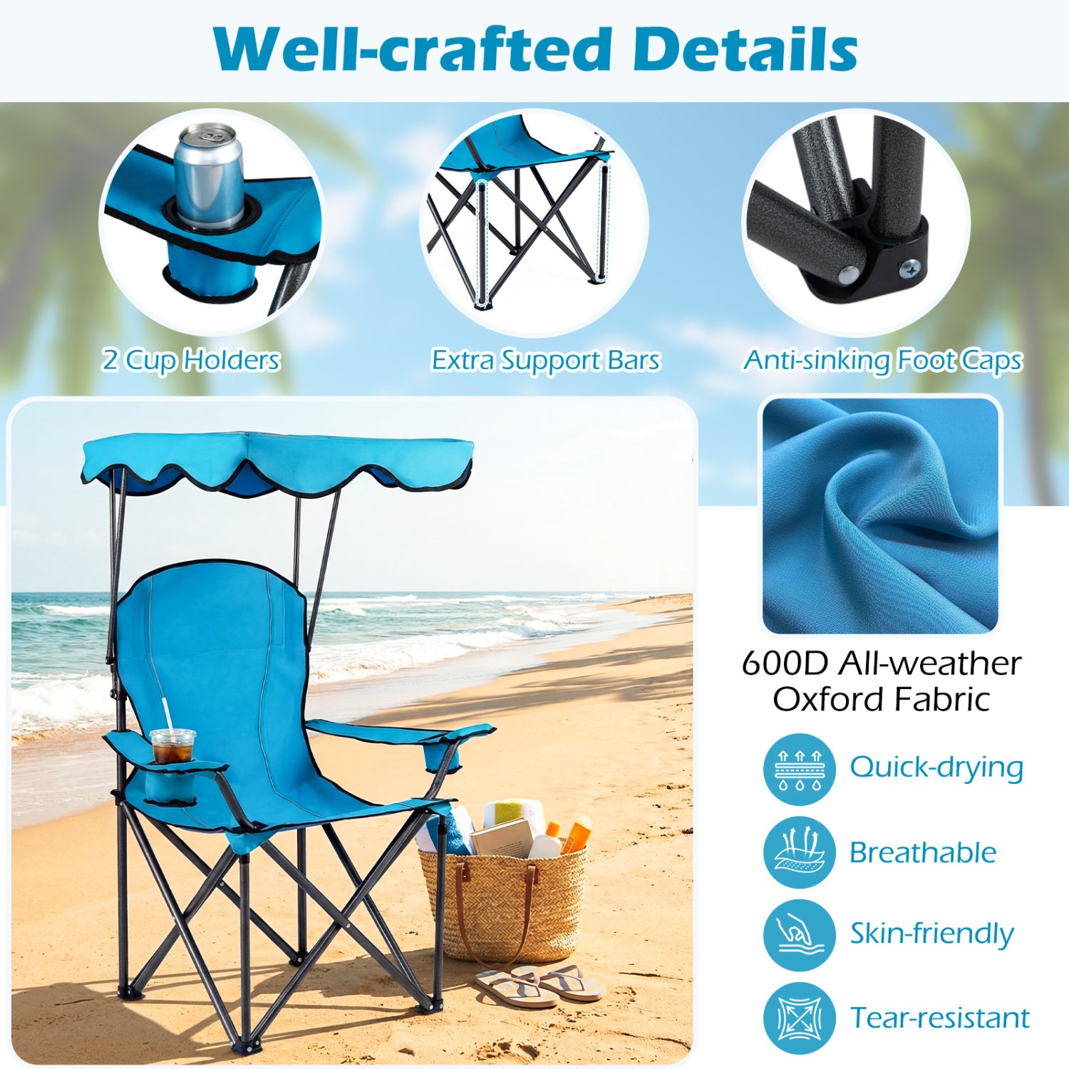Portable Folding Beach Canopy Chair, With Cup Holders, Light Blue Camping Furniture at Gallery Canada