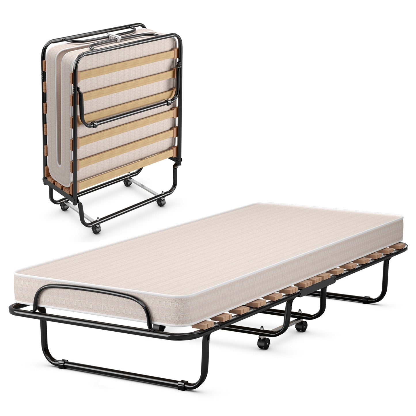 Portable Folding Bed, Memory Foam Mattress, Sturdy Metal Frame, Beige Folding Beds Beige at Gallery Canada
