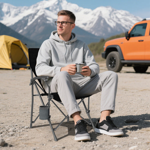 Portable Folding Oxford Cloth Camping Chair with Cup Holder and Side Pocket-Grey, Gray