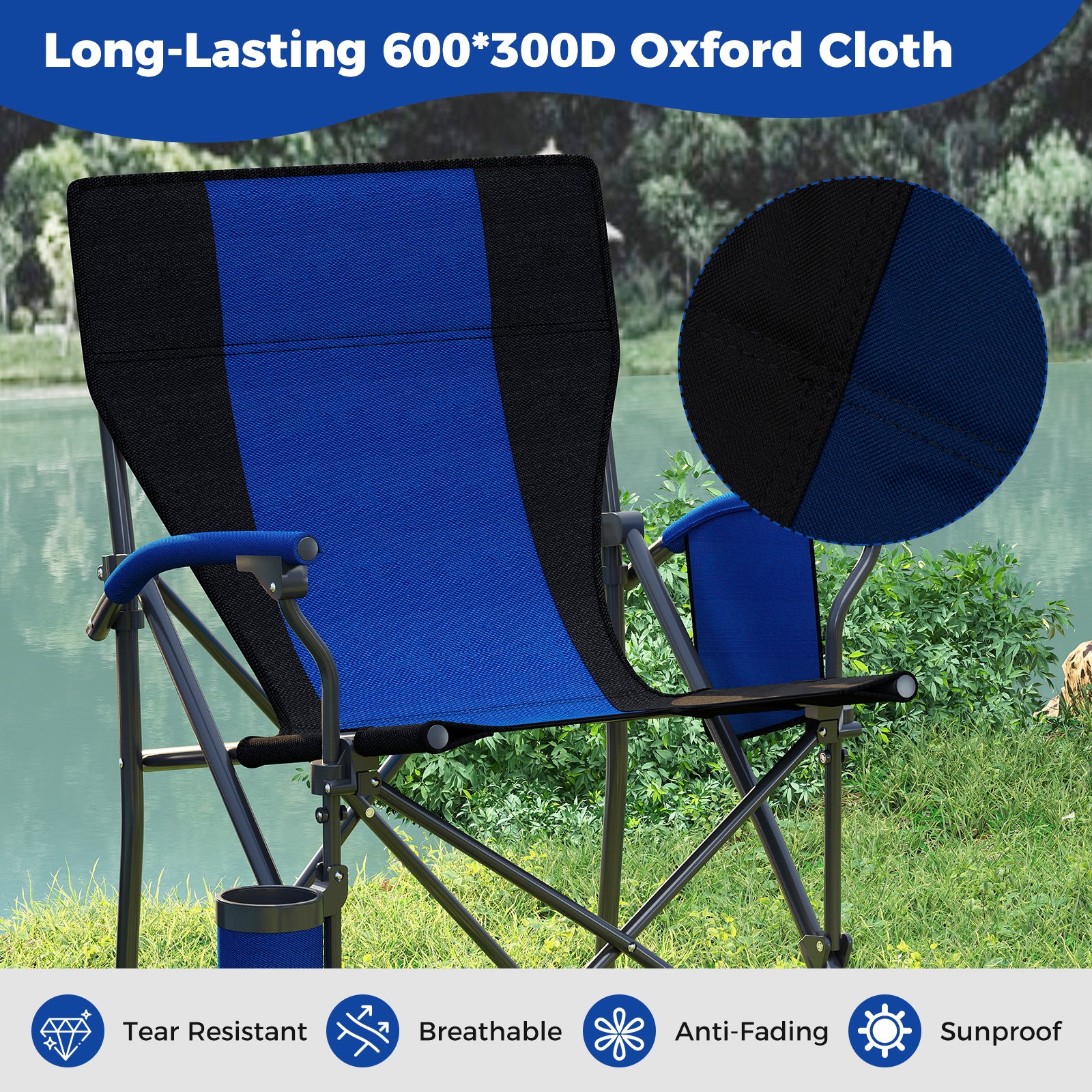 Portable Folding Oxford Cloth Camping Chair with Cup Holder and Side Pocket, Navy Camping Furniture at Gallery Canada
