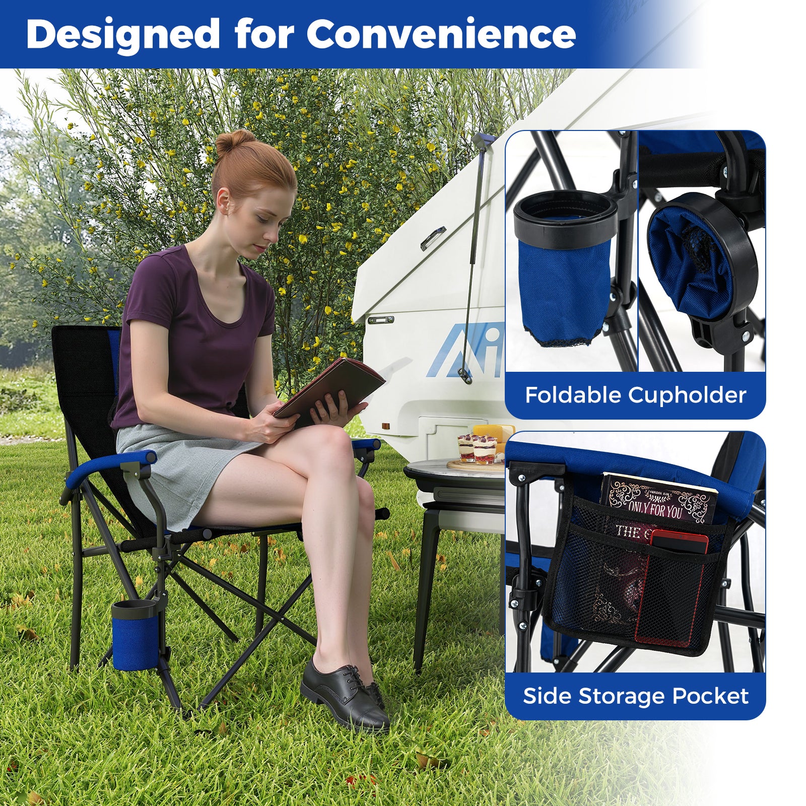 Portable Folding Oxford Cloth Camping Chair with Cup Holder and Side Pocket, Navy Camping Furniture at Gallery Canada