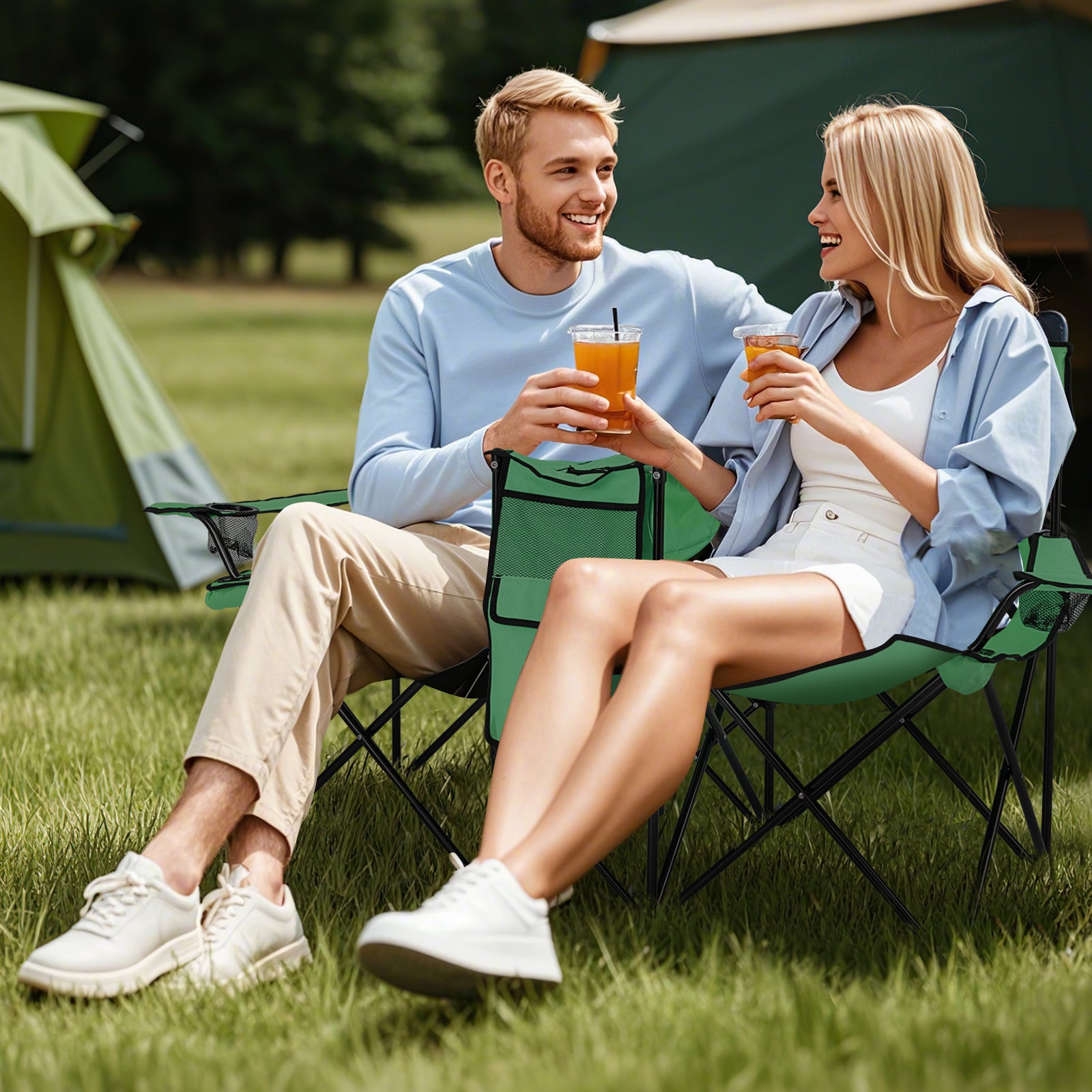 Portable Folding Picnic Double Chair With Removable Umbrella, Green Camping Furniture at Gallery Canada