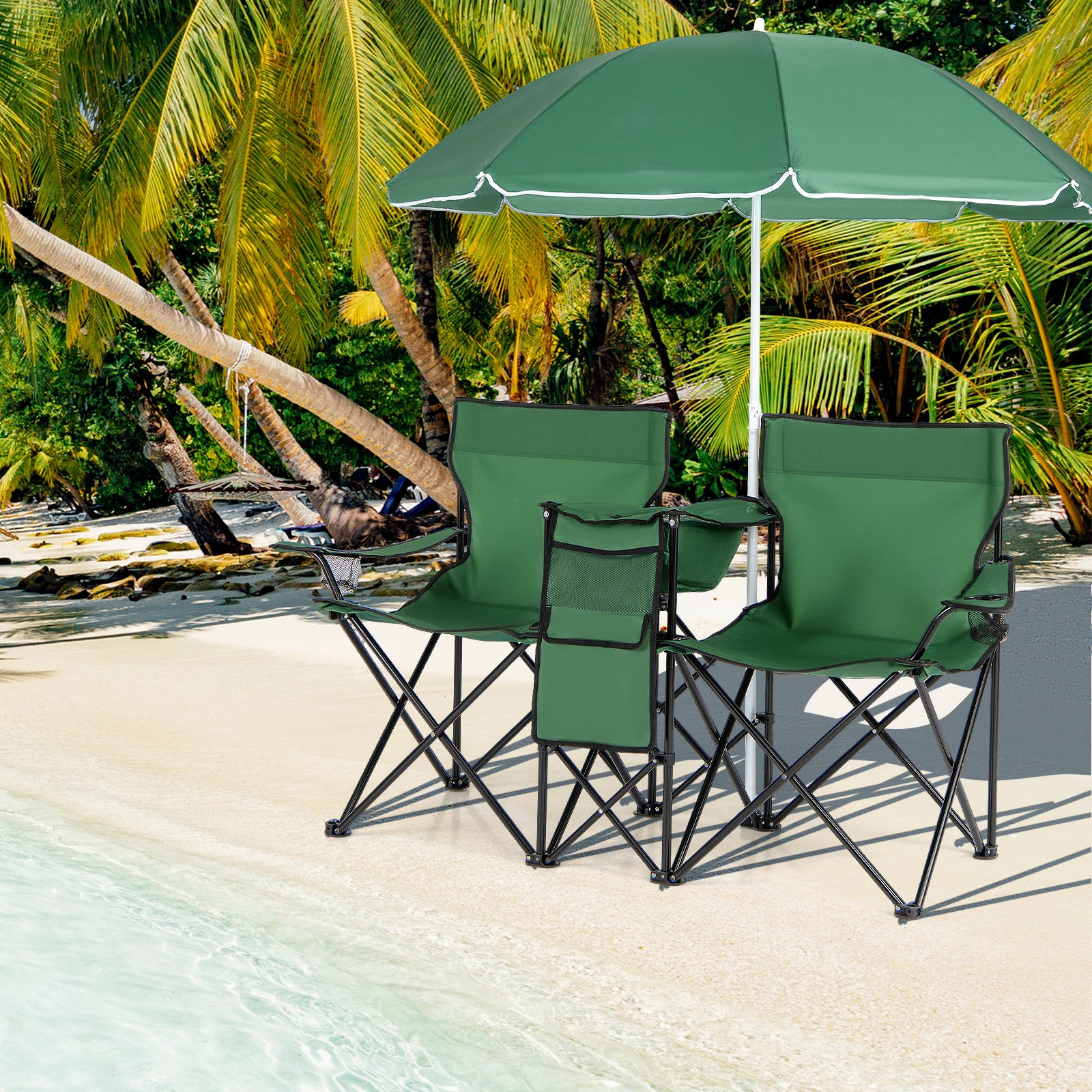 Portable Folding Picnic Double Chair With Removable Umbrella, Green Camping Furniture at Gallery Canada