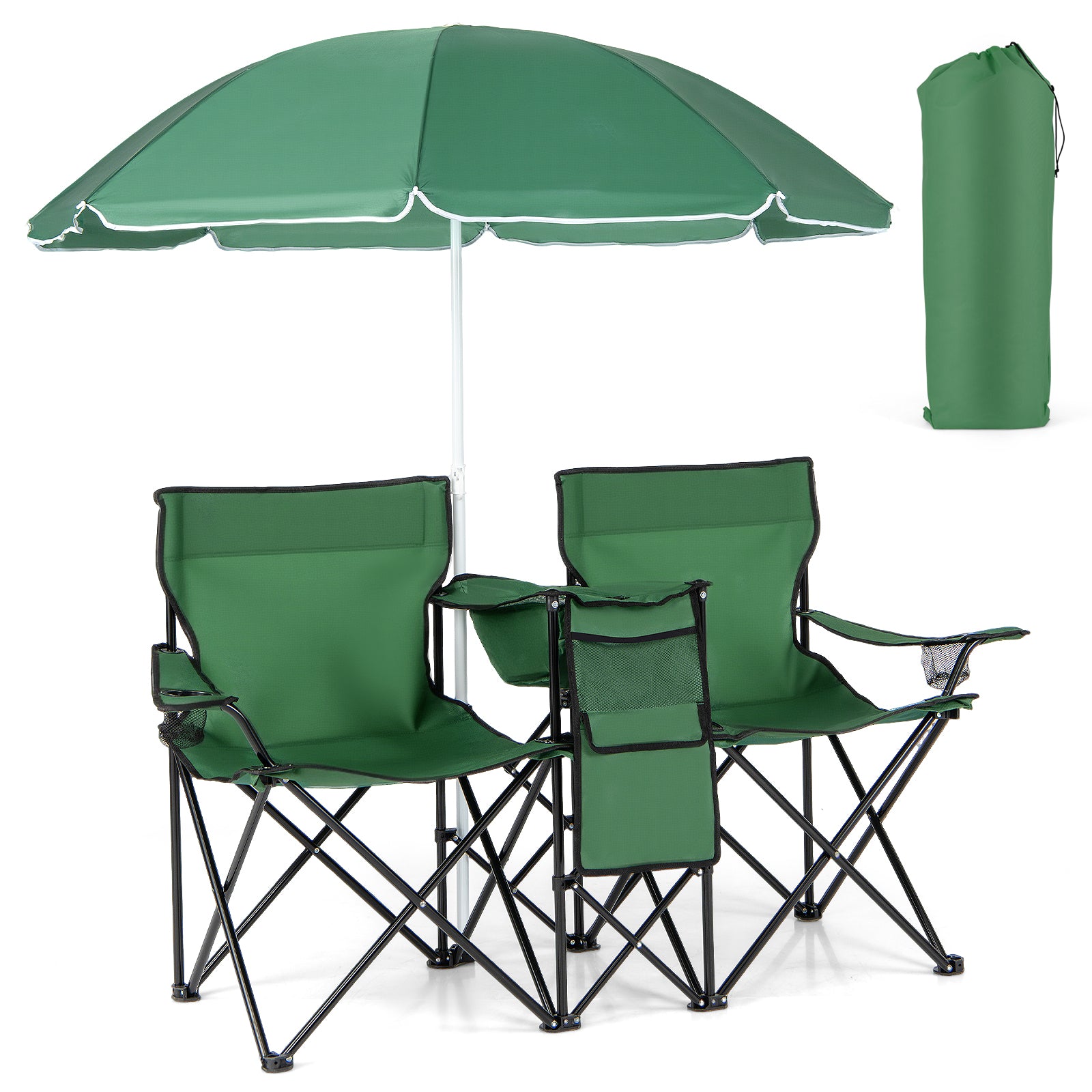 Portable Folding Picnic Double Chair With Removable Umbrella, Green Camping Furniture Green at Gallery Canada