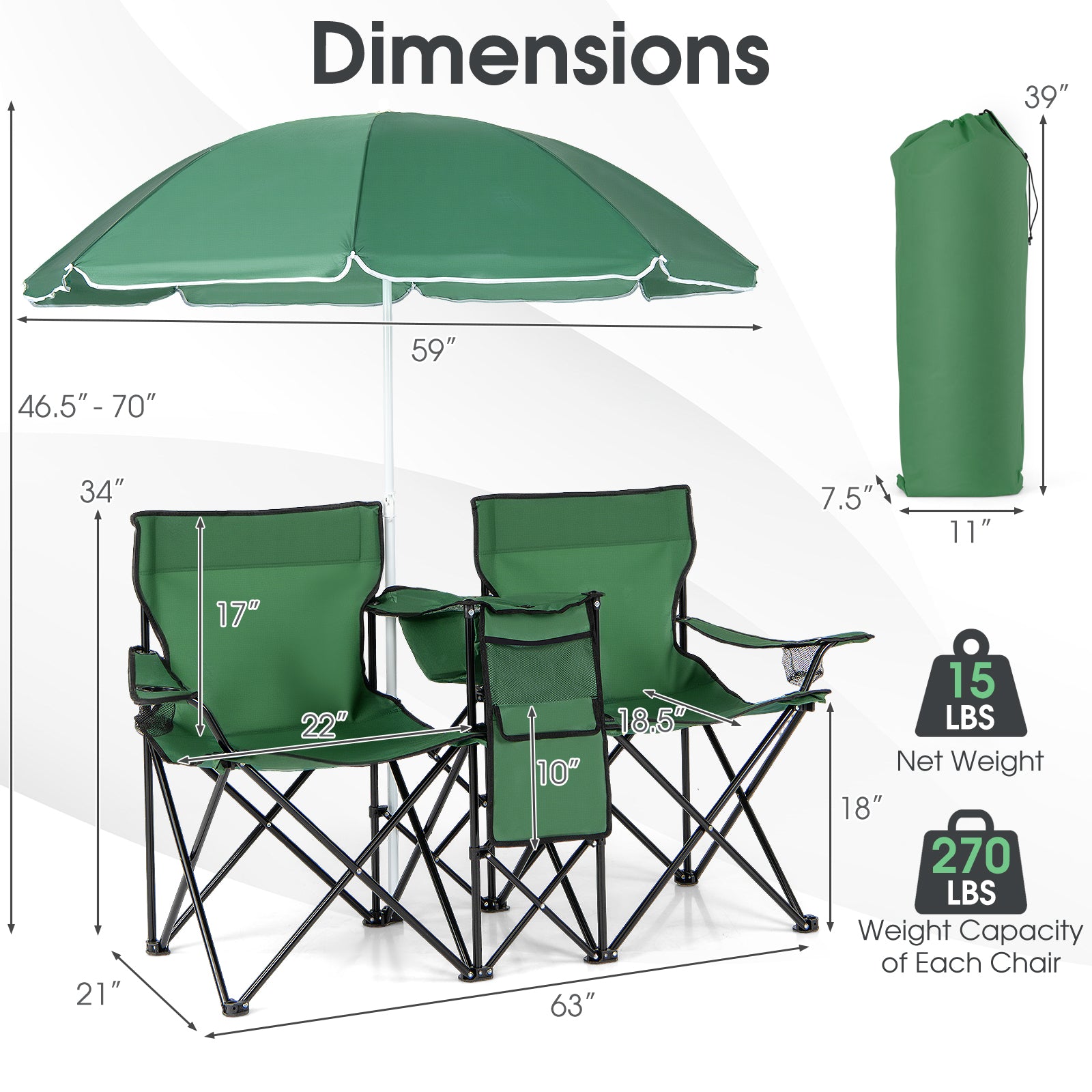 Portable Folding Picnic Double Chair With Removable Umbrella, Green Camping Furniture at Gallery Canada