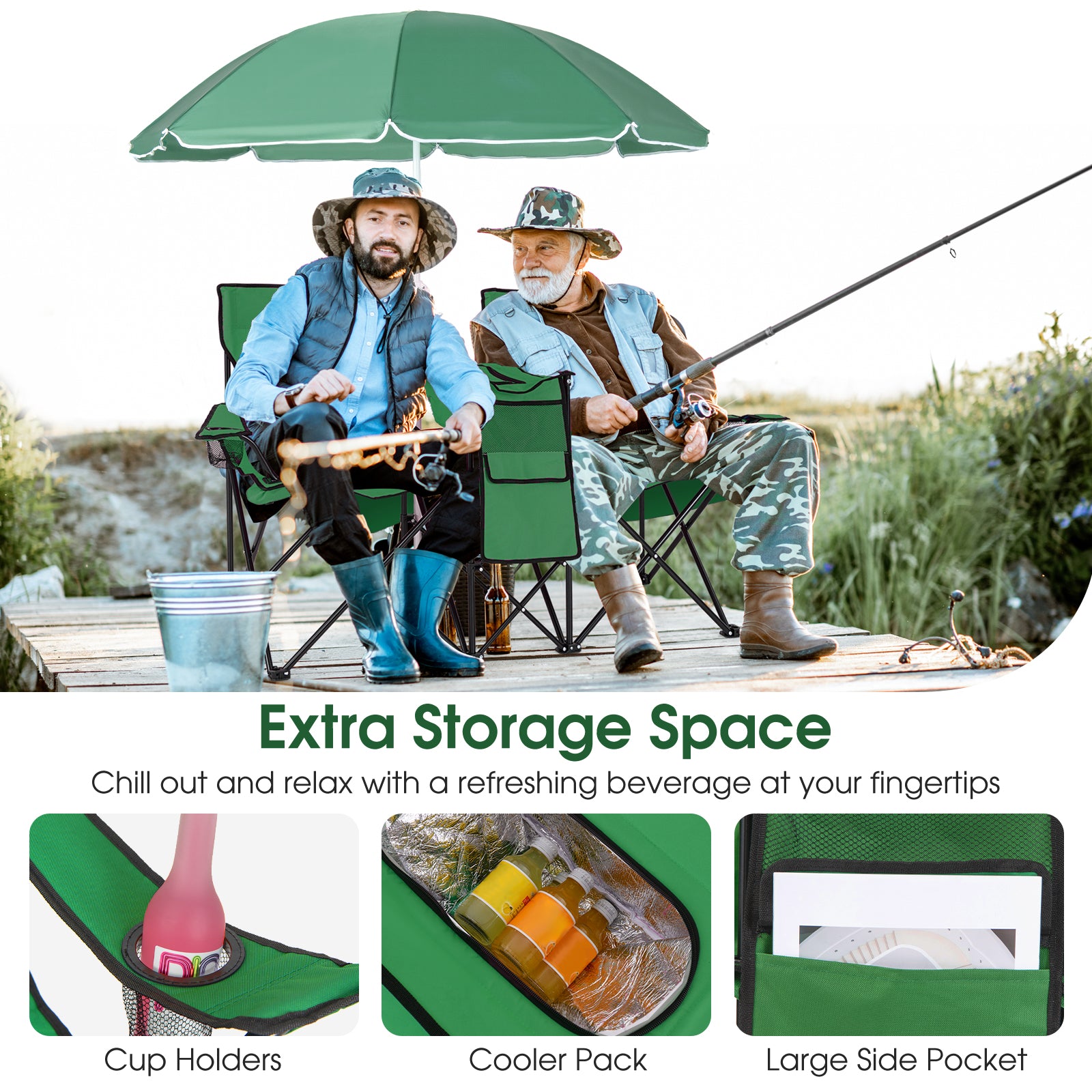 Portable Folding Picnic Double Chair With Removable Umbrella, Green Camping Furniture at Gallery Canada