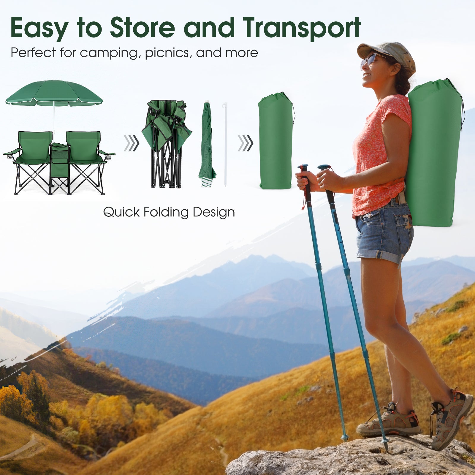 Portable Folding Picnic Double Chair With Removable Umbrella, Green Camping Furniture at Gallery Canada