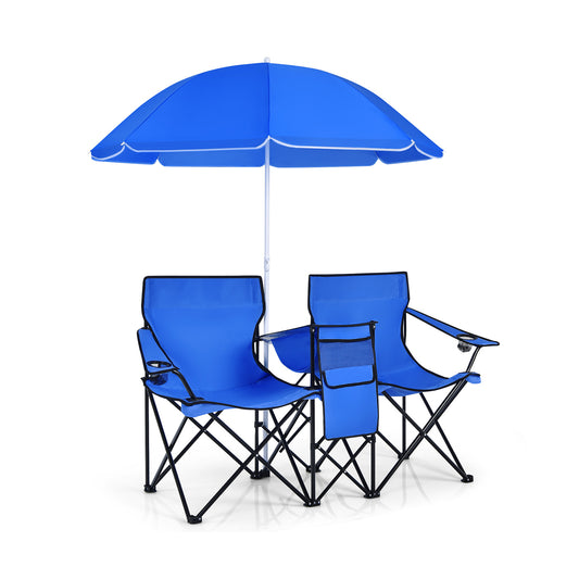 Portable Folding Picnic Double Chair with Umbrella, Blue