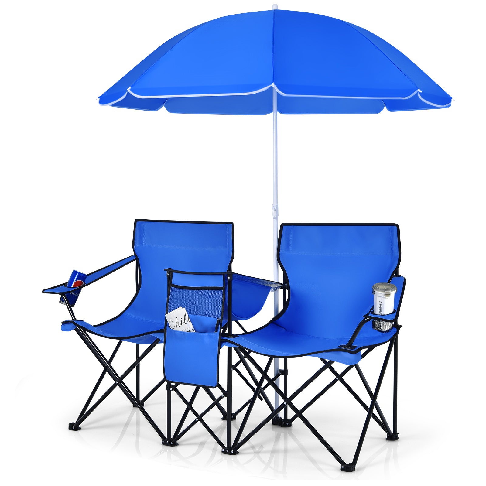 Portable Folding Picnic Double Chair with Umbrella, Blue Camping Furniture at Gallery Canada