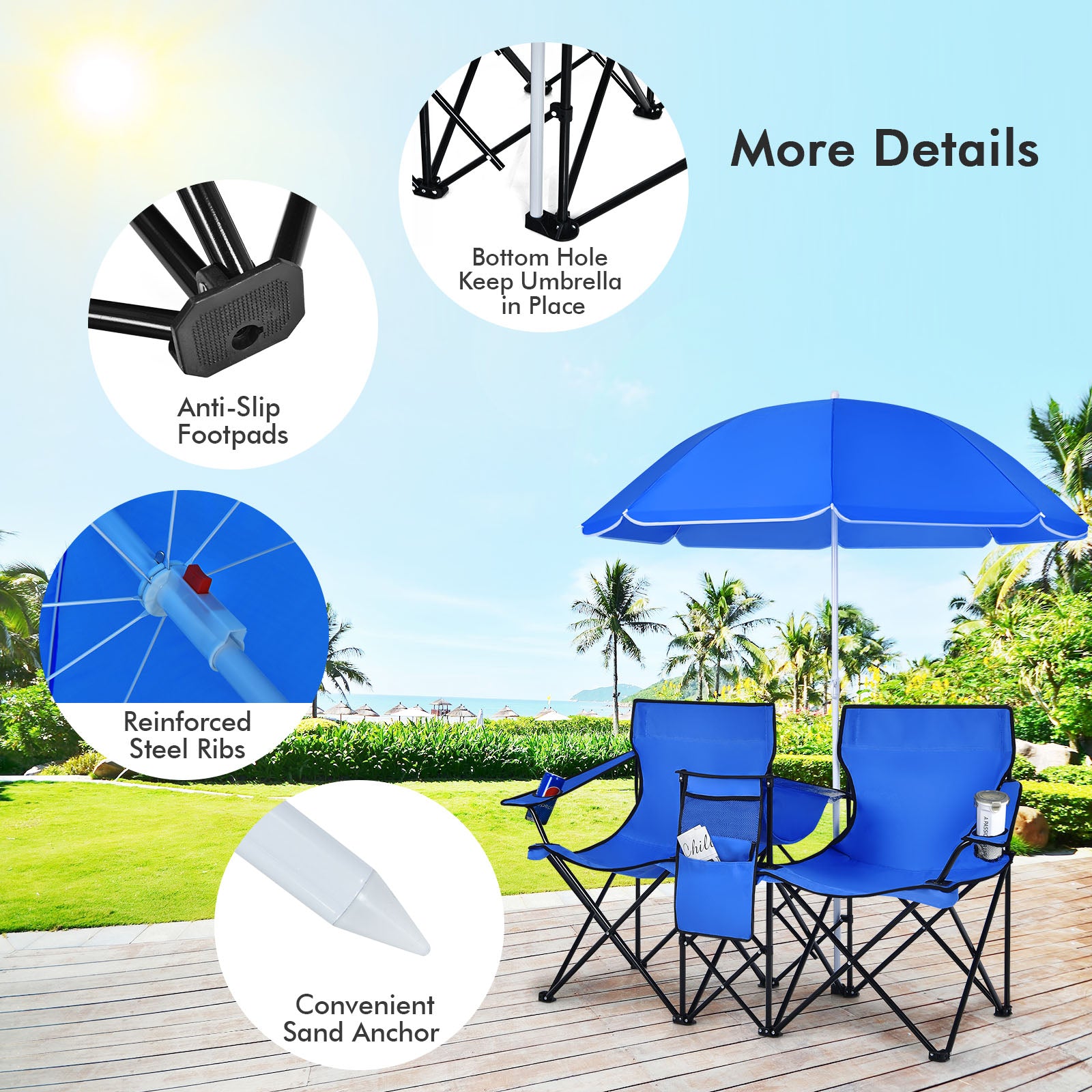 Portable Folding Picnic Double Chair with Umbrella, Blue Camping Furniture at Gallery Canada