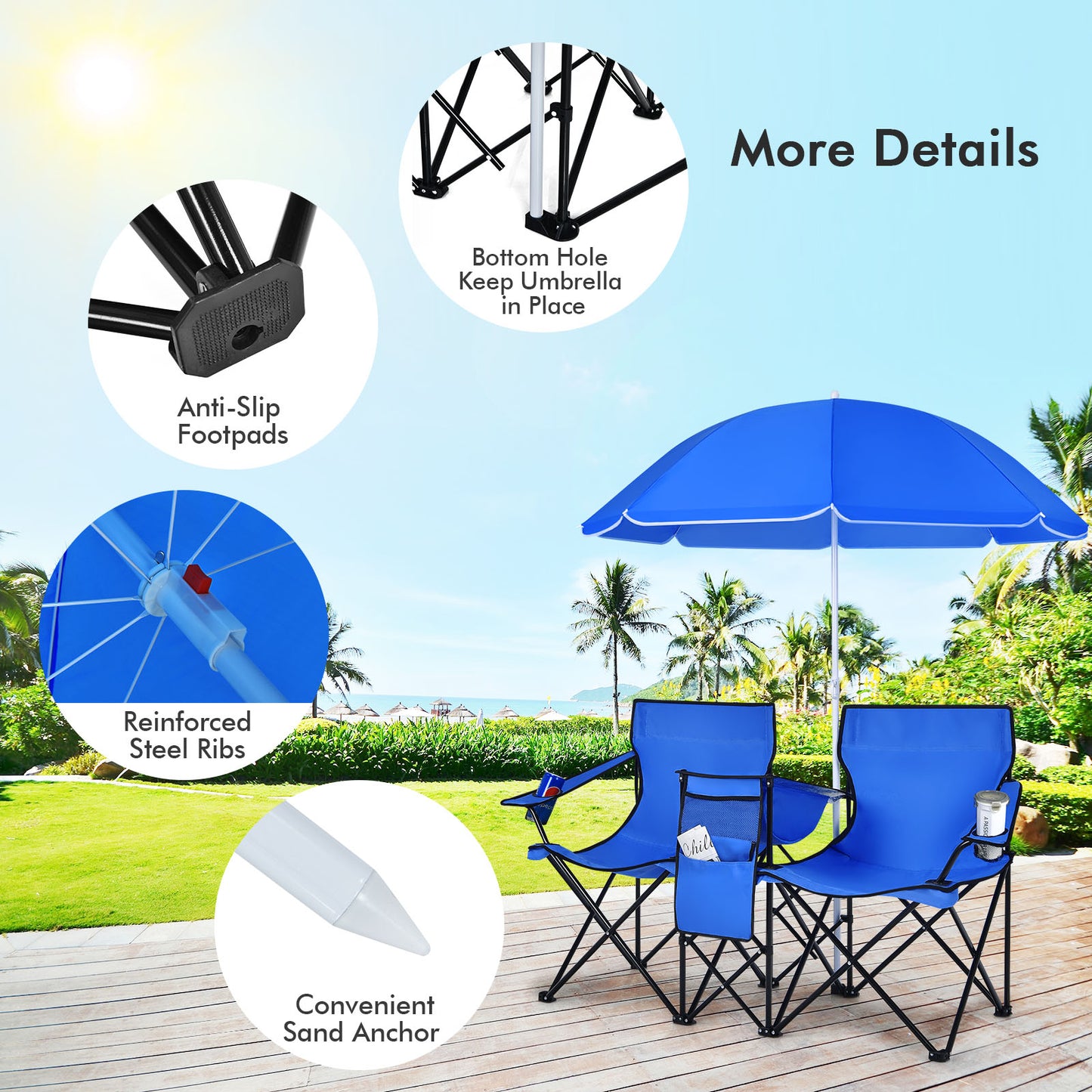 Portable Folding Picnic Double Chair with Umbrella, Blue Camping Furniture at Gallery Canada